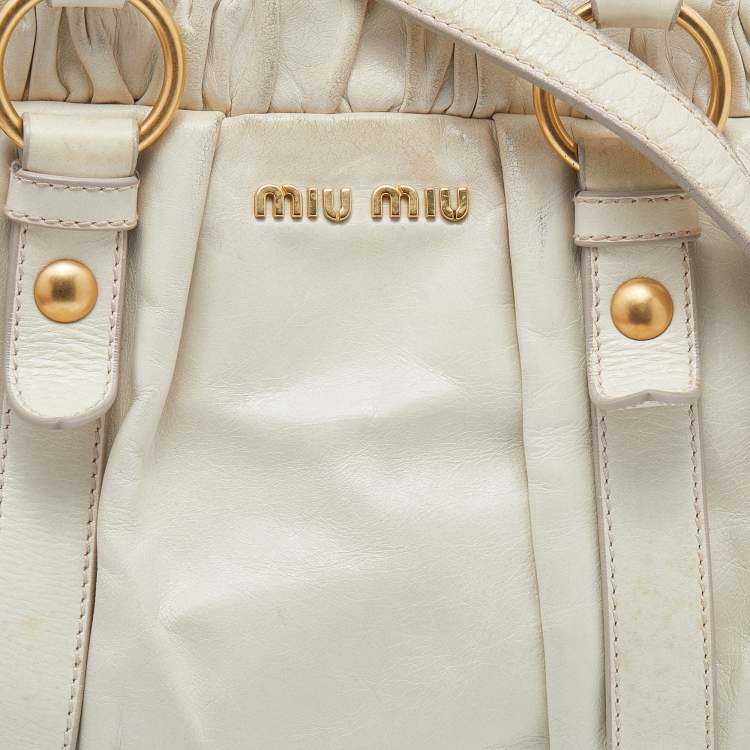 Pre Owned Miu Miu Cream Vitello Lux Leather Gathered Tote
