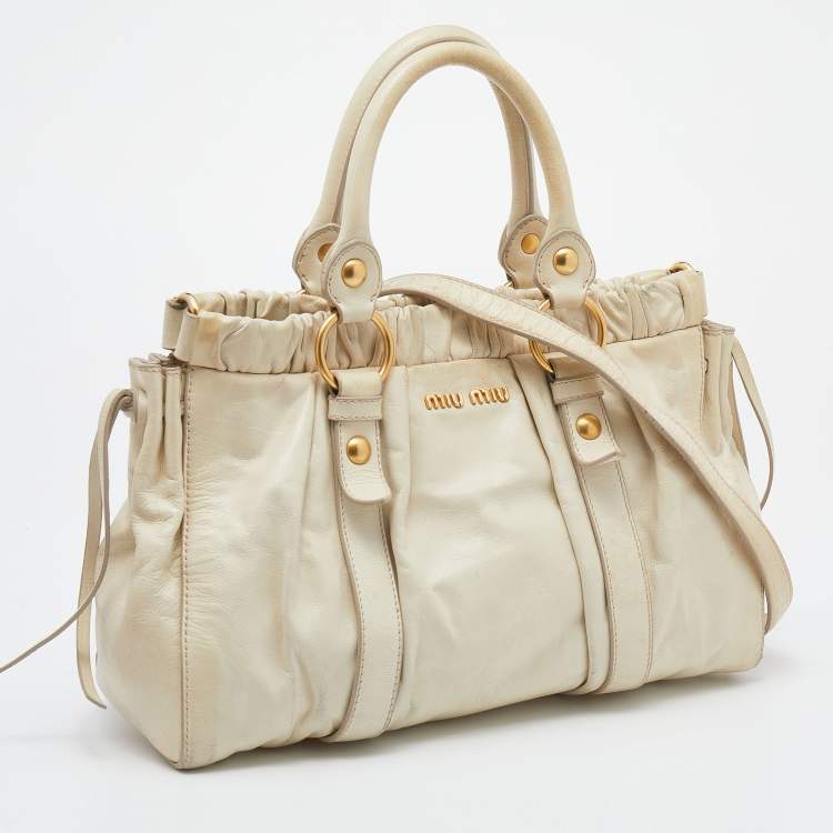 Pre Owned Miu Miu Cream Vitello Lux Leather Gathered Tote