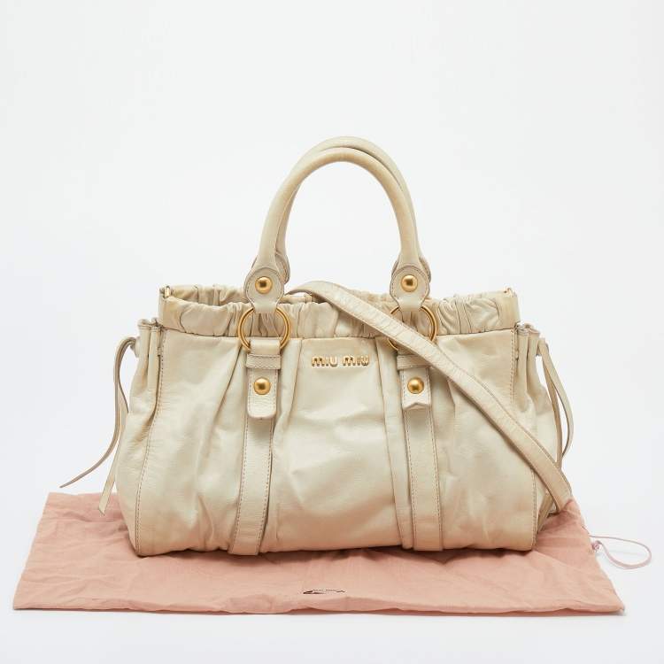 Pre Owned Miu Miu Cream Vitello Lux Leather Gathered Tote