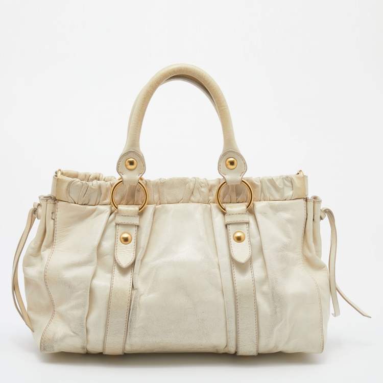 Pre Owned Miu Miu Cream Vitello Lux Leather Gathered Tote