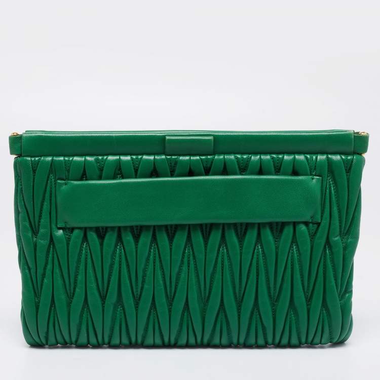 Pre Owned Miu Miu Green Matelassé Leather Frame Clutch