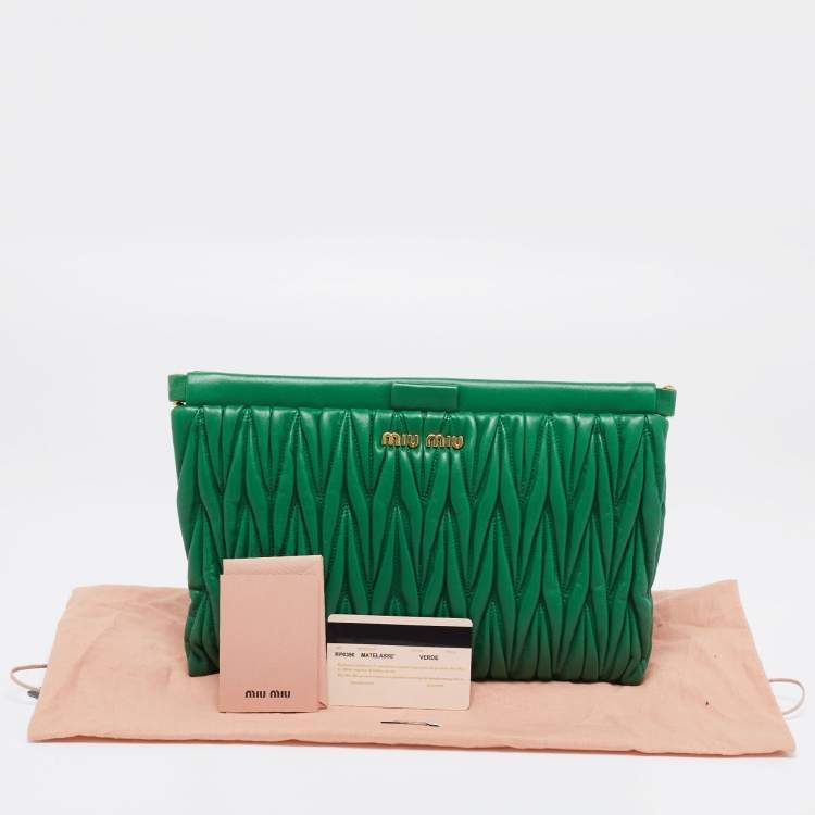 Pre Owned Miu Miu Green Matelassé Leather Frame Clutch