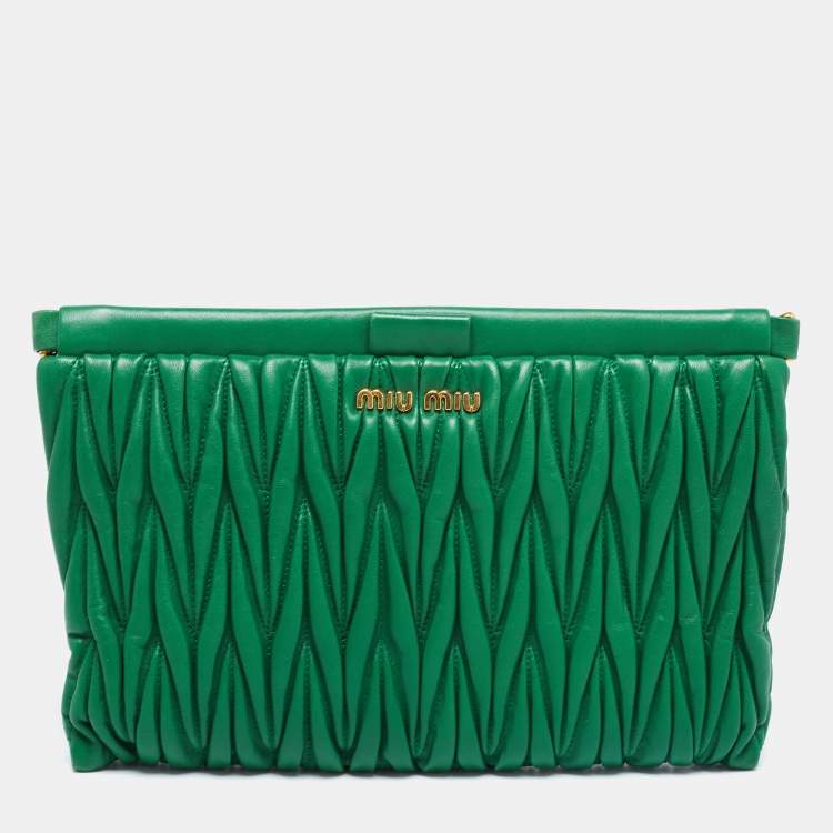 Pre Owned Miu Miu Green Matelassé Leather Frame Clutch