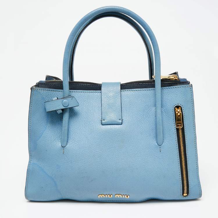 Pre Owned Miu Miu Blue/Navy Blue Madras Leather Push Lock Tote