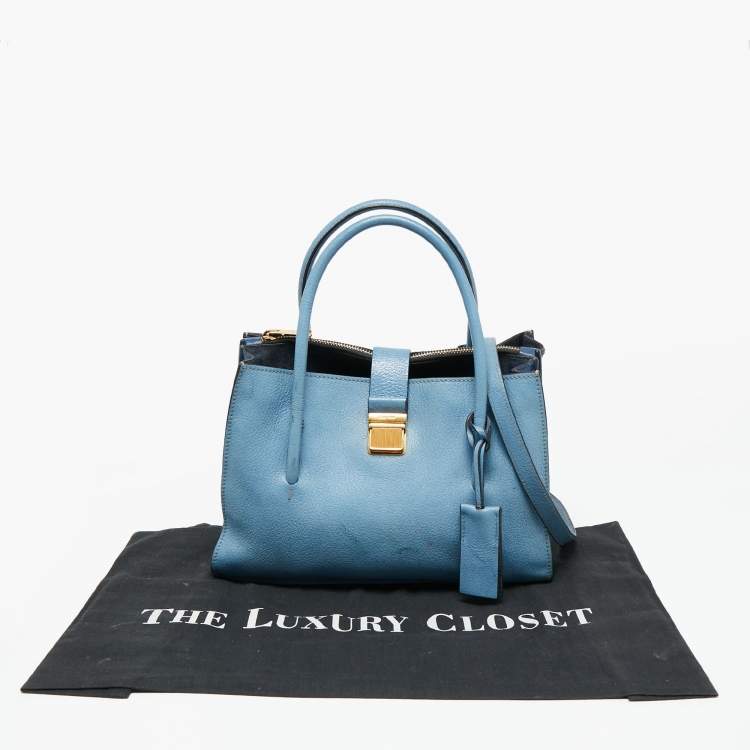 Pre Owned Miu Miu Blue/Navy Blue Madras Leather Push Lock Tote