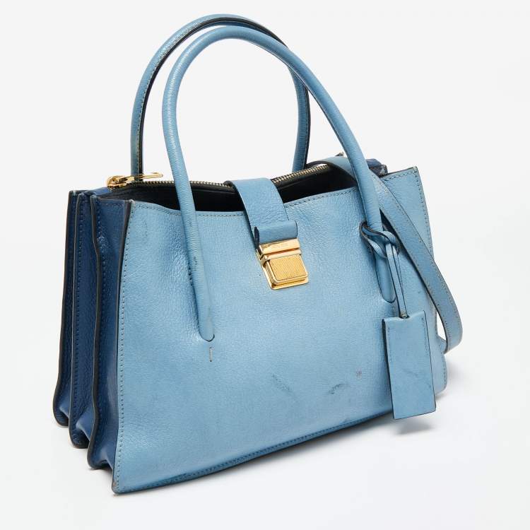Pre Owned Miu Miu Blue/Navy Blue Madras Leather Push Lock Tote