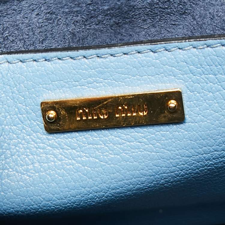 Pre Owned Miu Miu Blue/Navy Blue Madras Leather Push Lock Tote