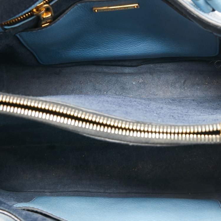 Pre Owned Miu Miu Blue/Navy Blue Madras Leather Push Lock Tote