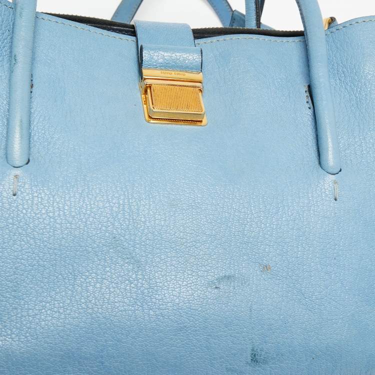 Pre Owned Miu Miu Blue/Navy Blue Madras Leather Push Lock Tote