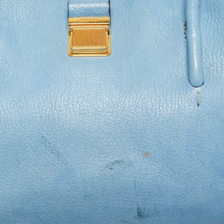 Pre Owned Miu Miu Blue/Navy Blue Madras Leather Push Lock Tote