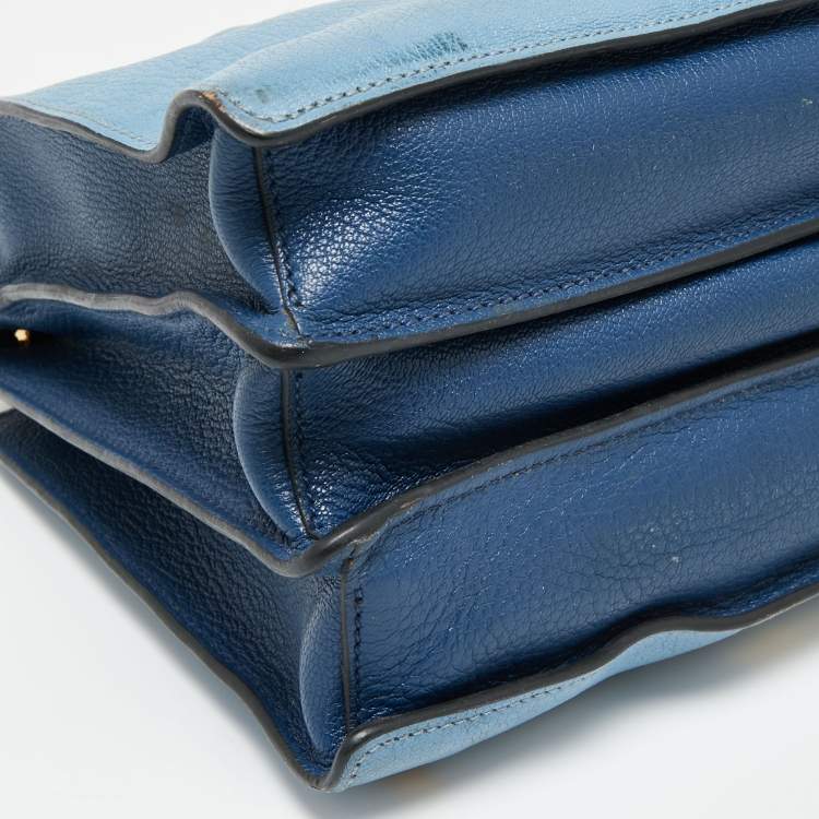 Pre Owned Miu Miu Blue/Navy Blue Madras Leather Push Lock Tote