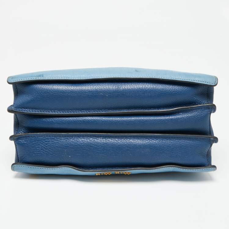 Pre Owned Miu Miu Blue/Navy Blue Madras Leather Push Lock Tote