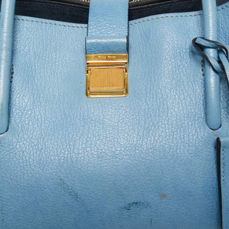 Pre Owned Miu Miu Blue/Navy Blue Madras Leather Push Lock Tote