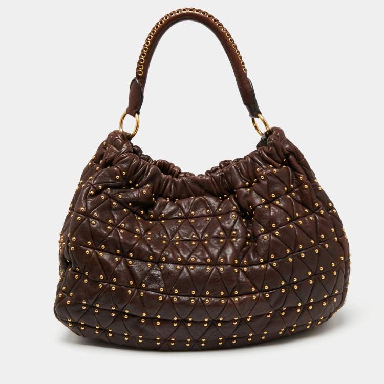 Pre Owned Miu Miu Brown Quilted Leather Studded Hobo