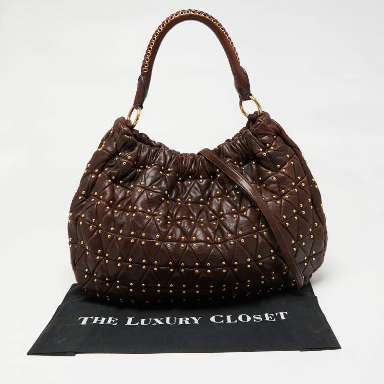 Pre Owned Miu Miu Brown Quilted Leather Studded Hobo