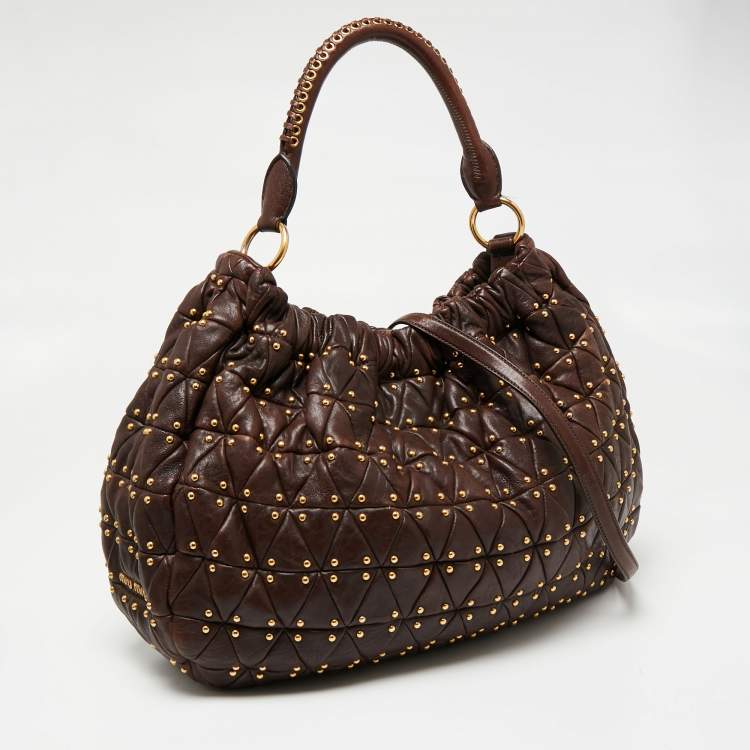 Pre Owned Miu Miu Brown Quilted Leather Studded Hobo