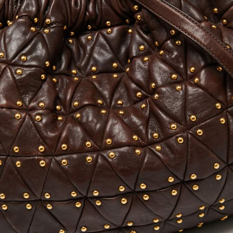 Pre Owned Miu Miu Brown Quilted Leather Studded Hobo