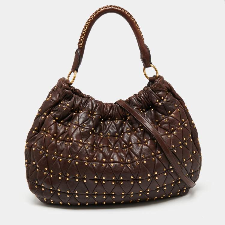 Pre Owned Miu Miu Brown Quilted Leather Studded Hobo