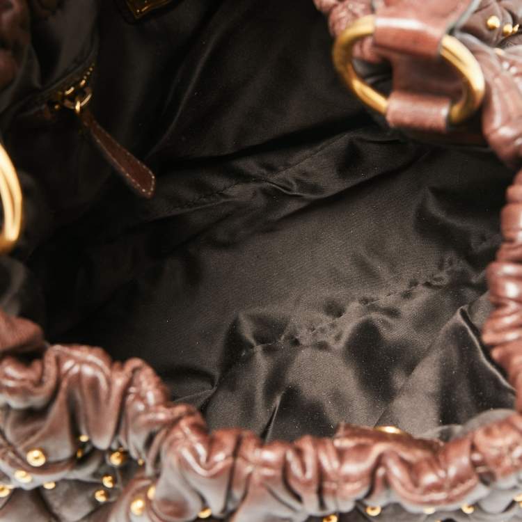 Pre Owned Miu Miu Brown Quilted Leather Studded Hobo