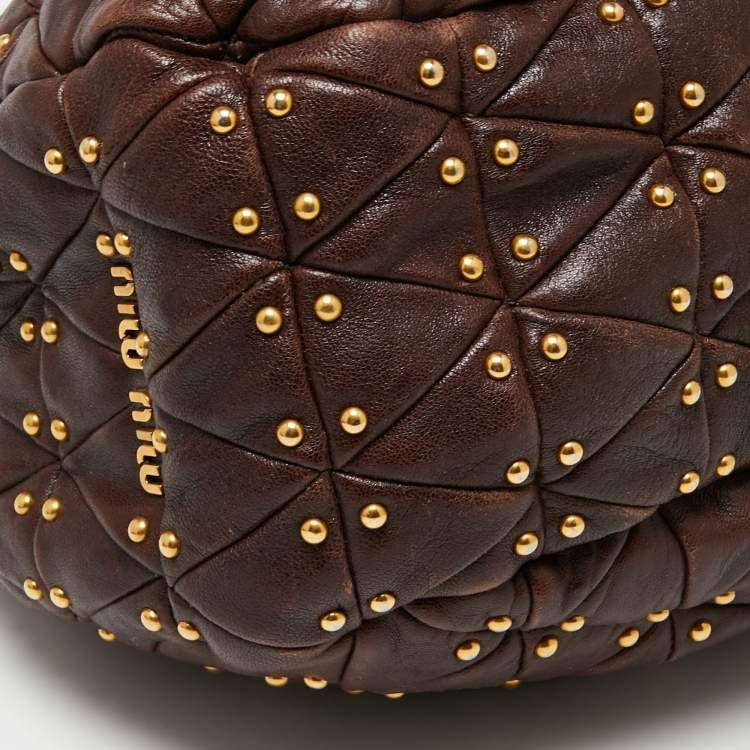 Pre Owned Miu Miu Brown Quilted Leather Studded Hobo