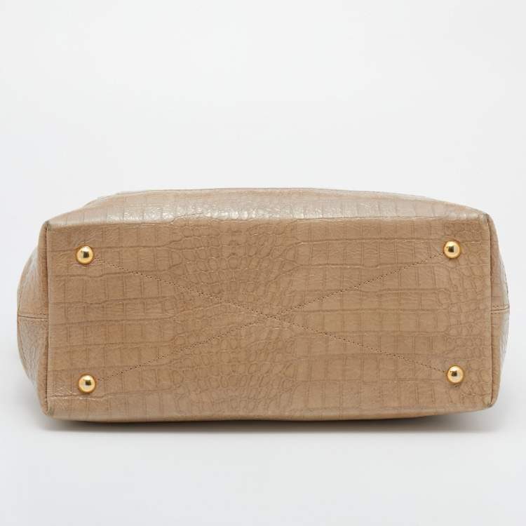 Pre Owned Miu Miu Beige Croc Embossed Patent Leather Front Zip Tote