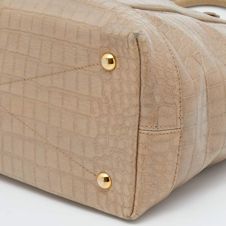 Pre Owned Miu Miu Beige Croc Embossed Patent Leather Front Zip Tote