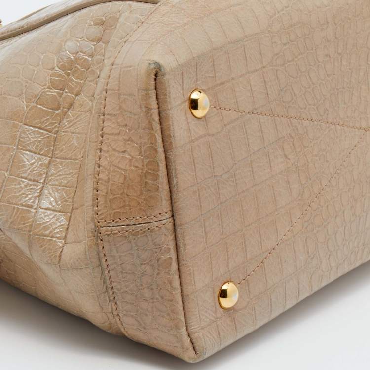 Pre Owned Miu Miu Beige Croc Embossed Patent Leather Front Zip Tote