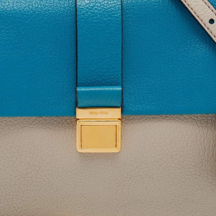 Pre Owned Miu Miu Grey/Blue Leather Madras Top Handle Bag
