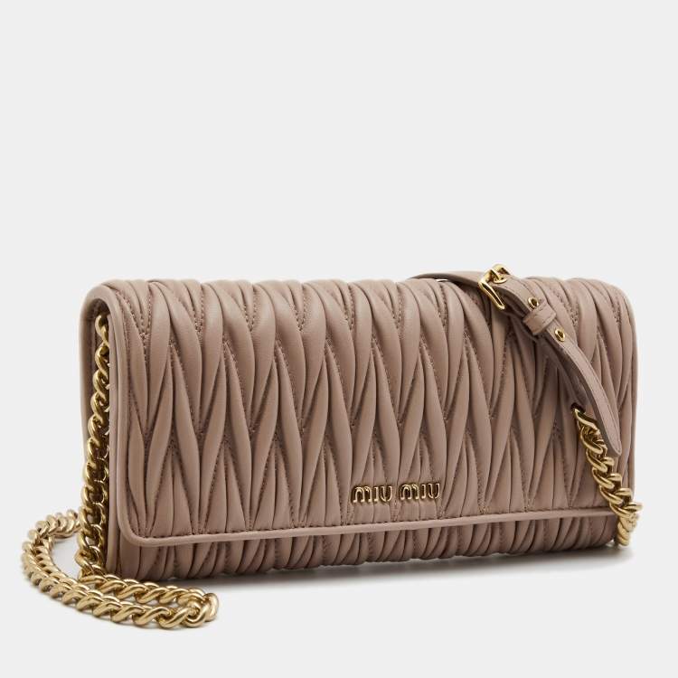 Pre Owned Miu Miu Beige Matelassé Leather Flap Wallet on Chain