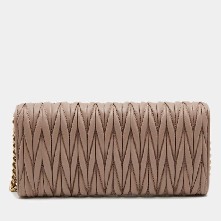 Pre Owned Miu Miu Beige Matelassé Leather Flap Wallet on Chain