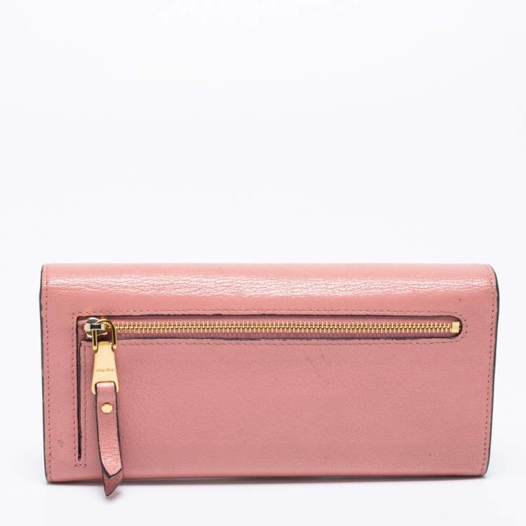 Pre Owned Miu Miu Pink Leather Logo Flap Continental Wallet