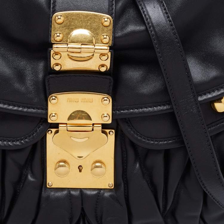 Pre Owned Miu Miu Black Matelassé Leather Coffer Hobo