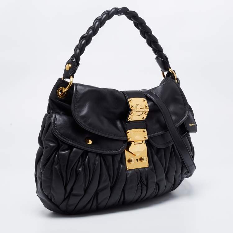 Pre Owned Miu Miu Black Matelassé Leather Coffer Hobo