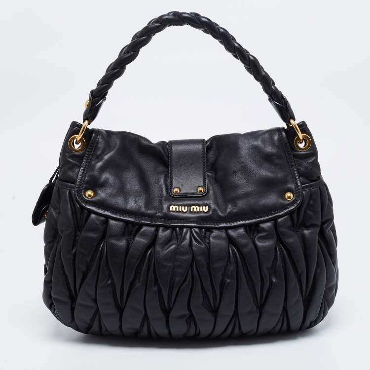 Pre Owned Miu Miu Black Matelassé Leather Coffer Hobo