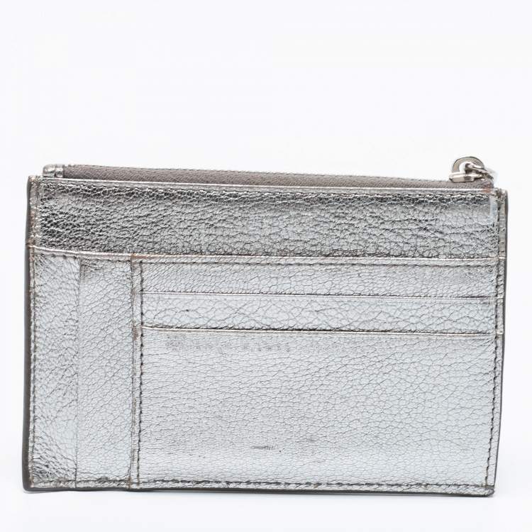Pre Owned Miu Miu Metallic Silver Leather Zip Card Holder