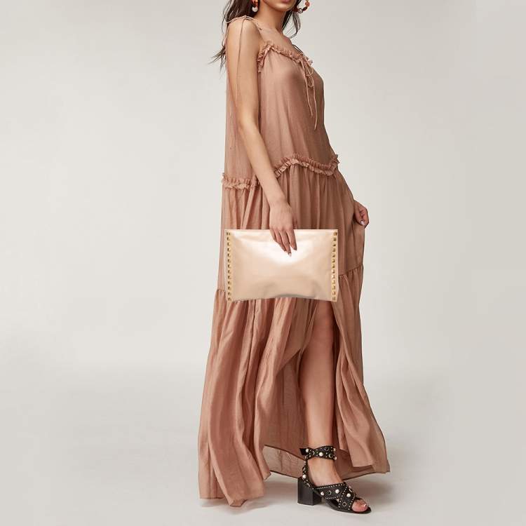 Pre Owned Miu Miu Beige Leather Studded Clutch
