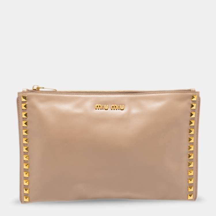 Pre Owned Miu Miu Beige Leather Studded Clutch