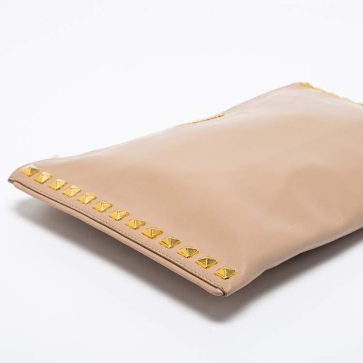 Pre Owned Miu Miu Beige Leather Studded Clutch