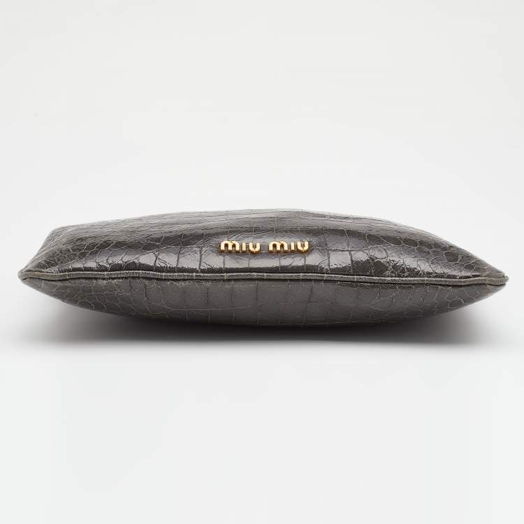 Pre Owned Miu Miu Grey Croc Embossed Patent Leather Frame Clutch