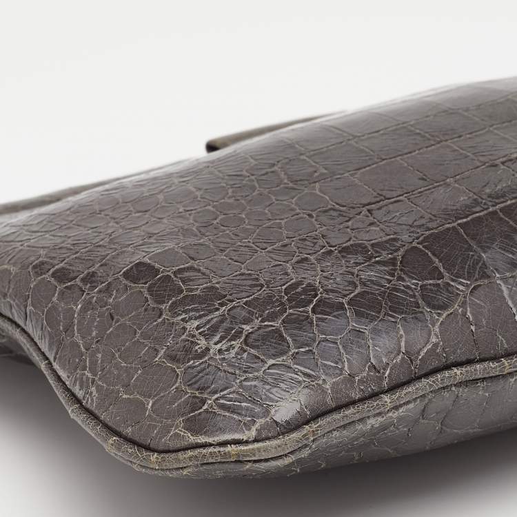 Pre Owned Miu Miu Grey Croc Embossed Patent Leather Frame Clutch