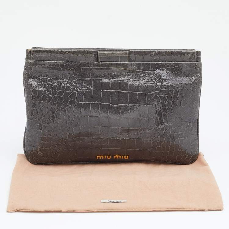 Pre Owned Miu Miu Grey Croc Embossed Patent Leather Frame Clutch