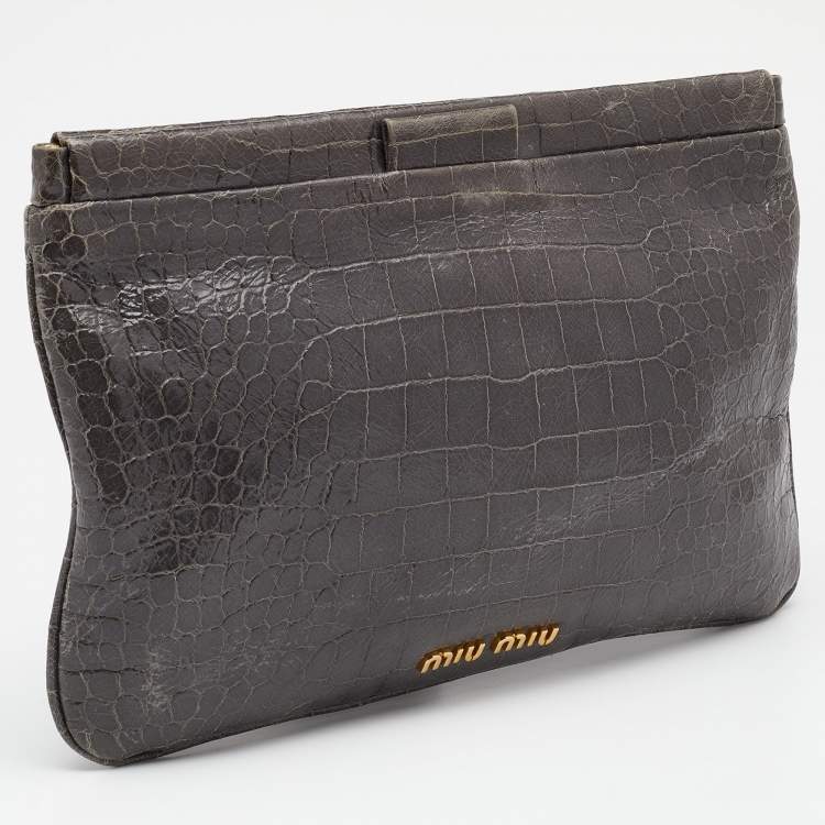 Pre Owned Miu Miu Grey Croc Embossed Patent Leather Frame Clutch