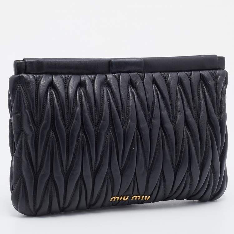 Pre Owned Miu Miu Black Matelassé Leather Frame Clutch