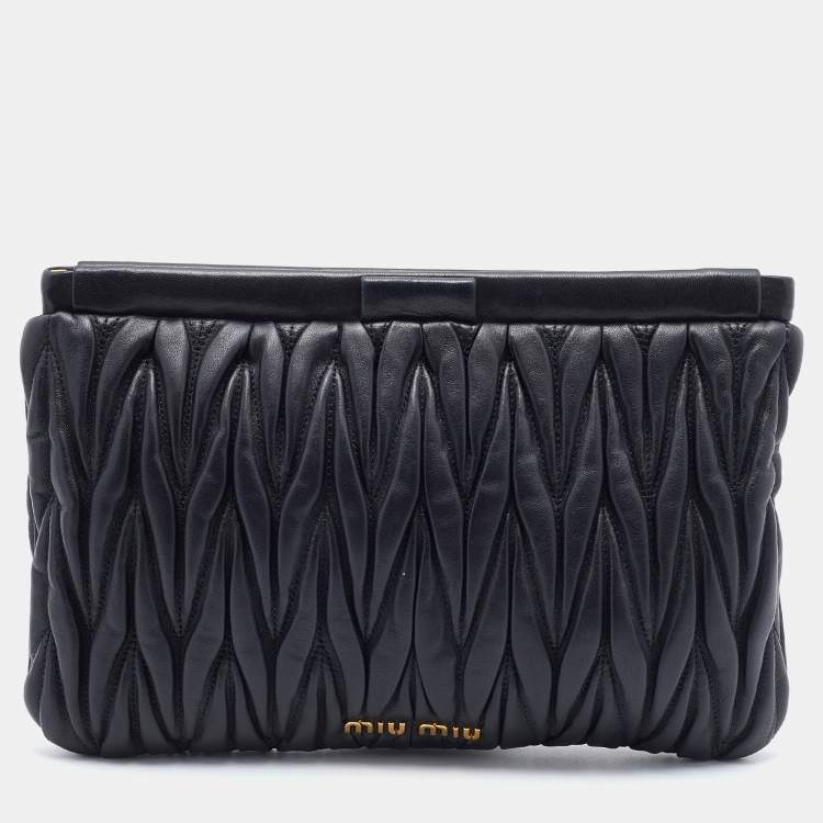 Pre Owned Miu Miu Black Matelassé Leather Frame Clutch