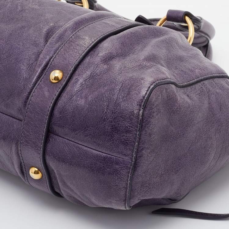 Pre Owned Miu Miu Purple Vitello Lux Leather Gathered Tote