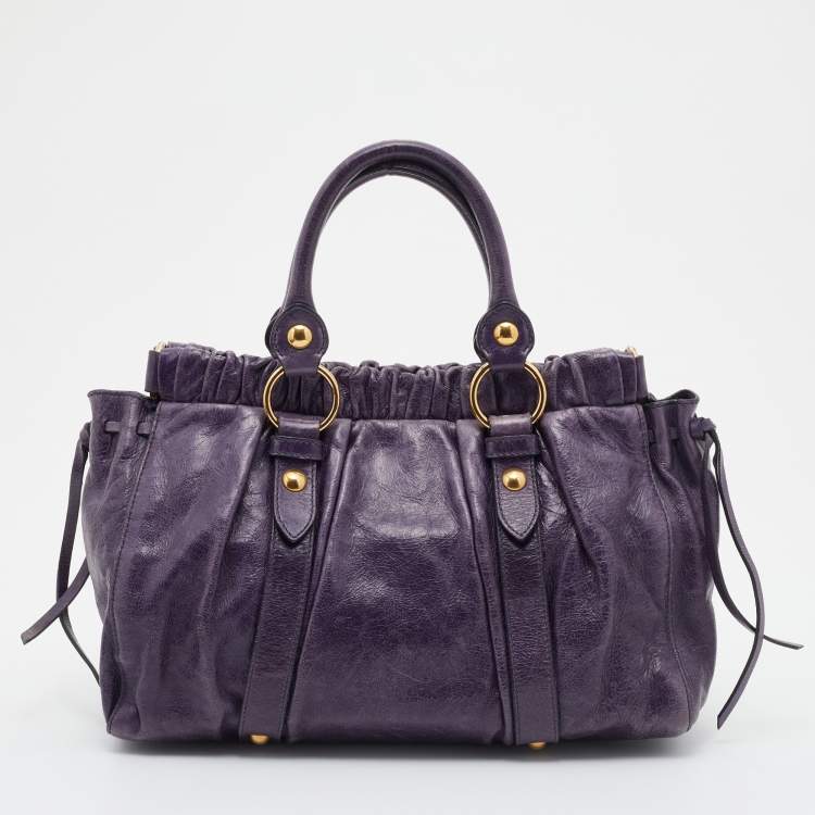 Pre Owned Miu Miu Purple Vitello Lux Leather Gathered Tote