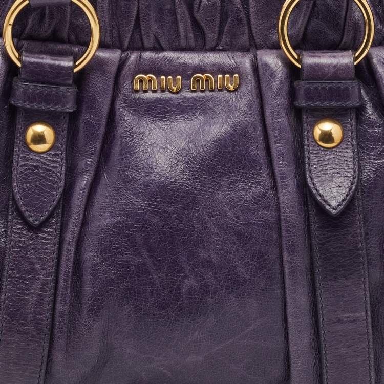 Pre Owned Miu Miu Purple Vitello Lux Leather Gathered Tote