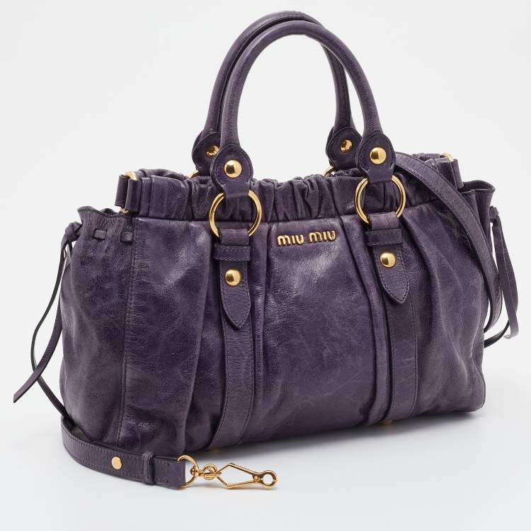Pre Owned Miu Miu Purple Vitello Lux Leather Gathered Tote