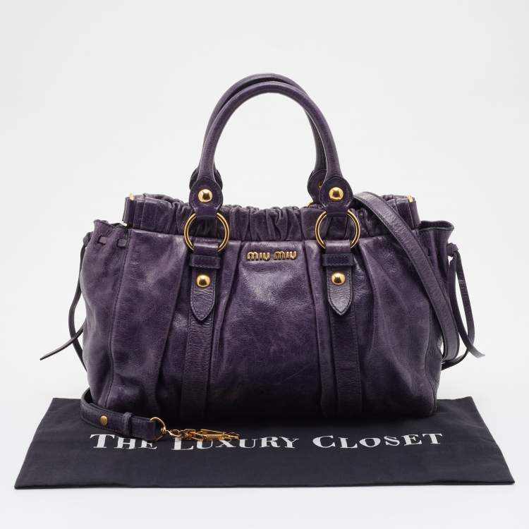 Pre Owned Miu Miu Purple Vitello Lux Leather Gathered Tote