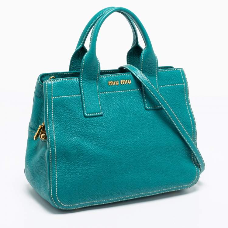 Pre Owned Miu Miu Green Vitello Caribu Leather Middle Zip Tote